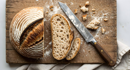 Artisan sourdough bread display. Freshly baked loaf sliced on wooden cutting board with knife and crumbs. Delicious rustic food photography. Tasty cuisine concept.の素材
