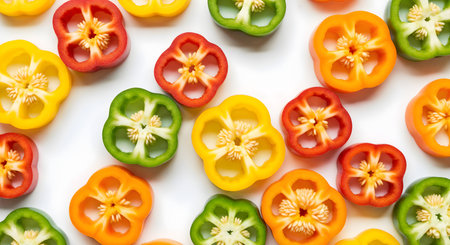 Colorful arrangement of sliced bell peppers displayed on a white surface in a flat lay style. Fresh vibrant vegetables showcasing pattern, texture, and food presentation.の素材