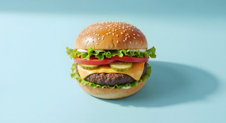 Burger with cheese pickles lettuce tomato on pale blue backdrop. Tasty beef hamburger with fresh vegetable toppings. Ready food burger on pastel blue table.の素材