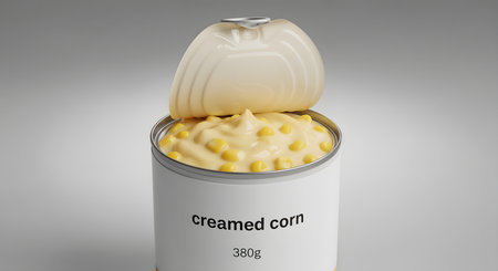 Open can of creamed corn. A canned vegetable is ready to be consumed. Studio shot of canned goods representing convenience and food storage. A culinary pantry staple.の素材