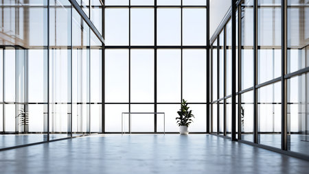 Interior of modern office with glass walls, concrete floor and panoramic windows. 3d renderingの素材