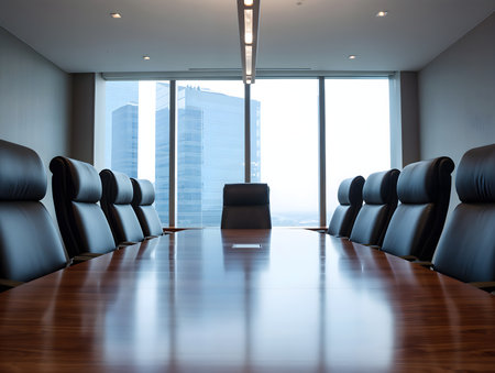Interior of modern conference room with black chairs and panoramic windowsの素材