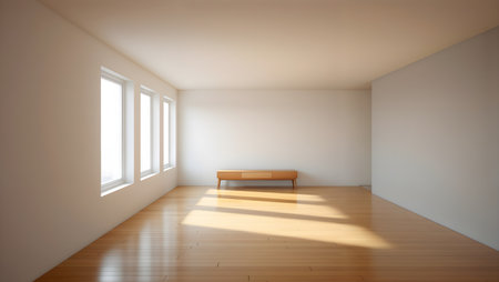 Empty room with wooden bench and white walls. 3D rendering.の素材