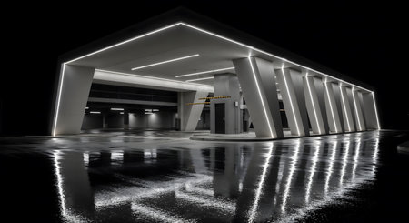 3d rendering of modern building with reflection on the floor at nightの素材
