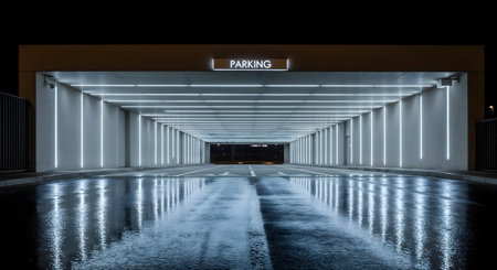 Entrance to illuminated parking garage. Modern architecture with lights reflecting on the wet pavement. Parking structure with directional arrow.の素材