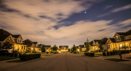 Night view of residential neighborhood street with illuminated houses. Suburban homes with manicured lawns and hedges. Evening scene with stars in sky.の素材