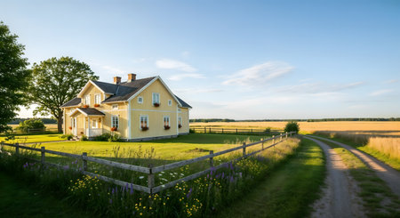 Yellow farmhouse in countryside. Grass lawn, trees, and wooden fence. Rural scene with field and country road. Peaceful landscape with blue sky.の素材