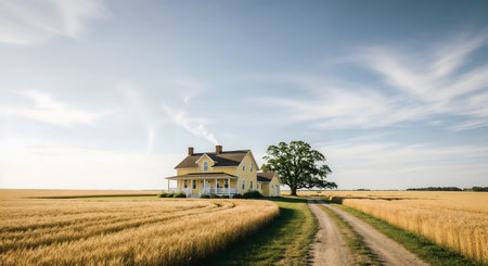 Countryside landscape with a farm house in the middle of a wheat fieldの素材