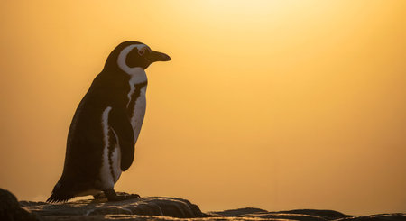African penguin (Spheniscus demersus) standing on rock at sunset.の素材