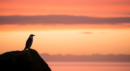 African penguin (Spheniscus demersus) sitting on a rock in the sunsetの素材