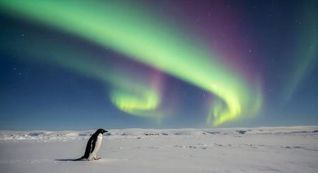 Penguin and a colorful aurora borealis in arctic landscapeの素材