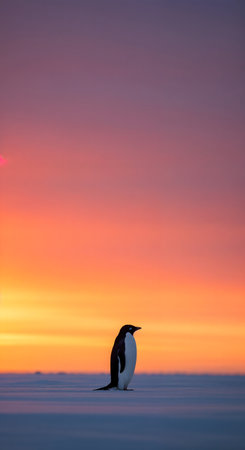 Gentoo penguin (Pygoscelis papua) at sunset in Antarcticaの素材