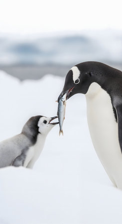 Gentoo penguin (Pygoscelis papua) and chick eating fish in Antarcticaの素材
