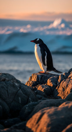 Gentoo penguin (Pygoscelis papua) on a rock at sunset in Antarcticaの素材