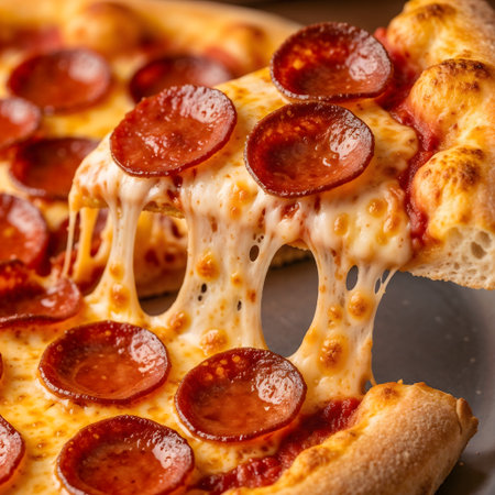 Pizza with salami and cheese on a plate. Close-up.の素材