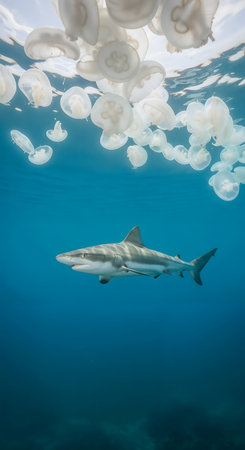 Underwater shot of a shark swimming with jellyfish in the backgroundの素材