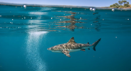 Great white shark swimming in the ocean. Scientific name: Carcharodon carcharias.の素材