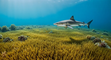 Picture shows a Bulls shark at the bottom of a tropical coral reefの素材
