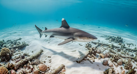 Picture shows a Caribbean reef shark at the Bahamas, Bahamas.Shark is a type of white shark.の素材