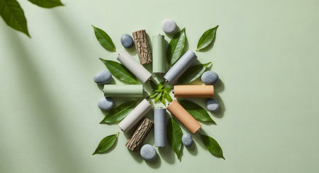 Cigarettes and green leaves on a pastel green background.の素材