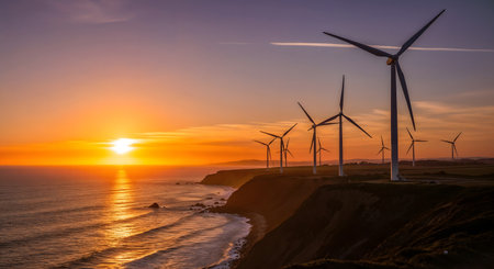 Sunset over wind turbines on the coast of Atlantic ocean, Portugalの素材