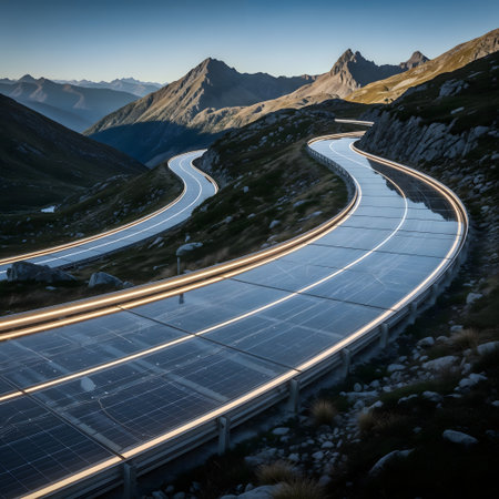 Car light trails on the road in the mountains at sunset, long exposureの素材