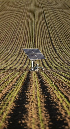 Solar panel system provides renewable energy to pump water in cultivated field. It is ideal for sustainable agriculture and environmentally friendly irrigation practices. Sustainable energy solutions.の素材