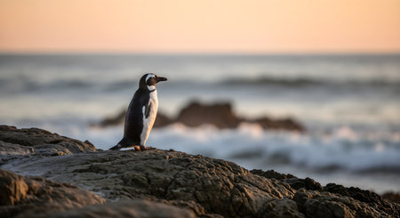 Penguin standing on rock in ocean view. Bird is looking out at water. African penguin stands on rocky shore. Wildlife scenery. Landscape photography of animal in nature.の素材
