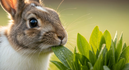Rabbit is eating fresh green leaf in bright outdoor setting. Fur is soft and fluffy, eyes are dark and inquisitive, and whiskers twitch with anticipation. Green leaves provide contrasting backdrop. Dew drops on surface adds freshness to scene, capturing animal in its natural habitat.の素材