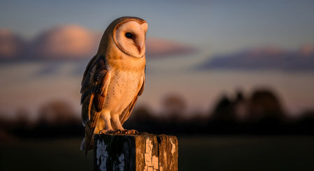 Barn owl perched on weathered wooden post. Bird is captured in detailed portrait, showcasing its unique facial features and plumage. Soft, muted sunset sky provides gentle backdrop. Image highlights the serene beauty and captivating presence of nocturnal bird.の素材