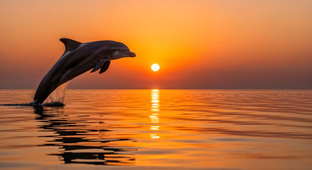 Dolphin leaping from ocean during golden sunset. Marine mammal is captured in mid-air, displaying its agility and grace. Water reflects the warm colors of setting sun, creating breathtaking scene. Image showcases the beauty and energy of marine life.の素材