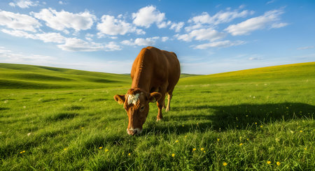 Brown cow grazing on lush green pasture under bright blue sky with fluffy white clouds. Peaceful countryside scene with cow in field. Rural landscape with farm animal grazing on fresh grass.の素材