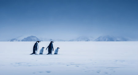 Group of adelie penguins walking across endless field of snow in Antarctica. Adelie penguins family walking through the icy desert. Beautiful Antarctica wildlife scenery with birds and snow covered mountains.の素材