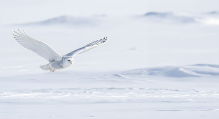 Majestic snowy owl flying over vast snowy landscape. Bird with white plumage soaring through winter air. Cold and frozen environment. Owl hunting for prey in arctic conditions. Wildlife scene of owl in its natural habitat.の素材