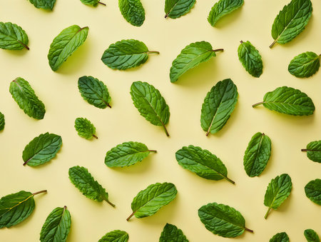 Mint leaves pattern on yellow background. Flat lay, top viewの素材