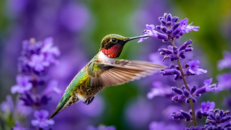 Female Ruby-throated Hummingbird feeding on lavender flowersの素材