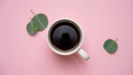 Cup of coffee with eucalyptus leaves on pink backgroundの素材