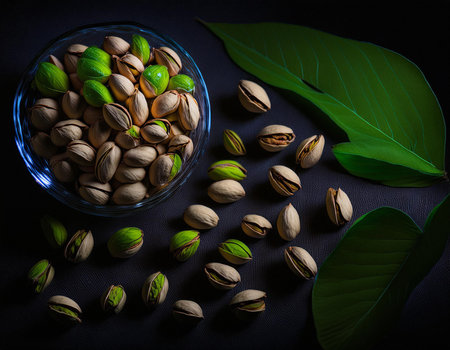 Pistachios in a glass bowl on a black background.の素材