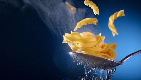 Close up of a spoon full of pasta falling into the water.の素材