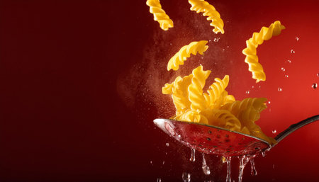 Spoon of pasta falling into the water on a red background.の素材