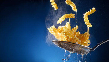 Falling pasta in a strainer on a dark blue background.の素材