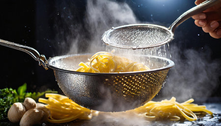 Pasta being cooked in a stainless steel strainer on a black backgroundの素材