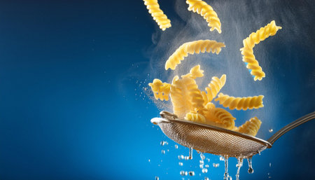 Falling pasta in a sieve on a blue background. Food conceptの素材