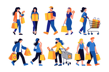 Set of people with shopping bags. Vector illustration in cartoon style.のイラスト素材