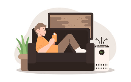 Person Relaxing in Clean Air with Air Purifier, Dusty Outside Vector Illustrationのイラスト素材