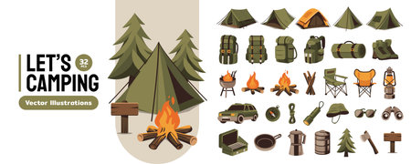 Camping Recreation Gear, Equipment, Element and Tools Vector Illustration Set Collection for Outdoor Camping Adventures Themed Designsのイラスト素材