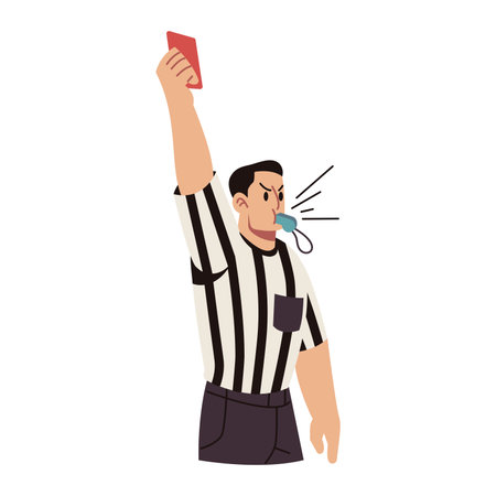 Soccer Referee Blows Whistle and Shows Red Card Vector Cartoon Illustrationのイラスト素材