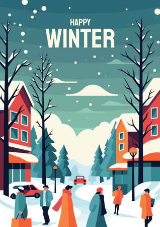 Happy Winter Holidays town banner People in warm clothes walking on the street Vector illustrationのイラスト素材