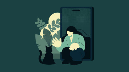 Digital Detox, Woman comes out of Phone Screen to play with Cat Flat Vector Illustration Conceptのイラスト素材