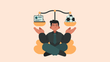 Work Life Balance, Businessman Balancing Work and Play Flat Vector Illustrationのイラスト素材